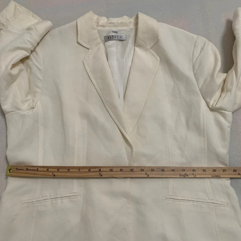 Kasper Blazer Women's 14 Ivory Linen Blend Ruched 3/4 Sleeve 1-Button Jacket